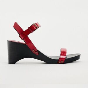 NWT. Zara Red/Black Leather Wooden Heel Sandals. Size 9.
